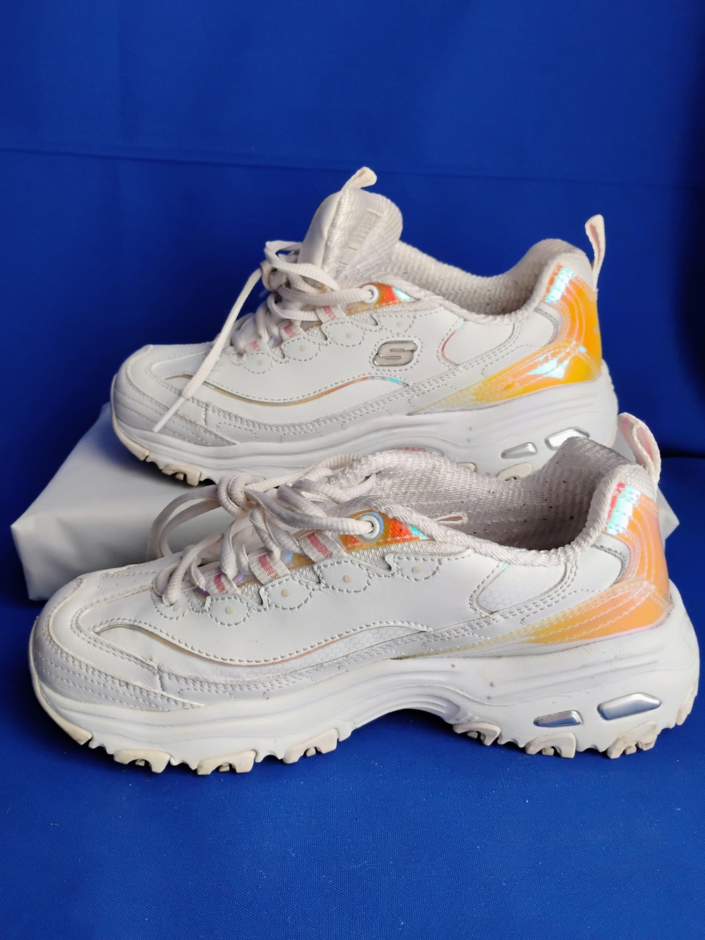 Skechers White Sneakers with Orange and Yellow Accents - Women's Chunky Trainers